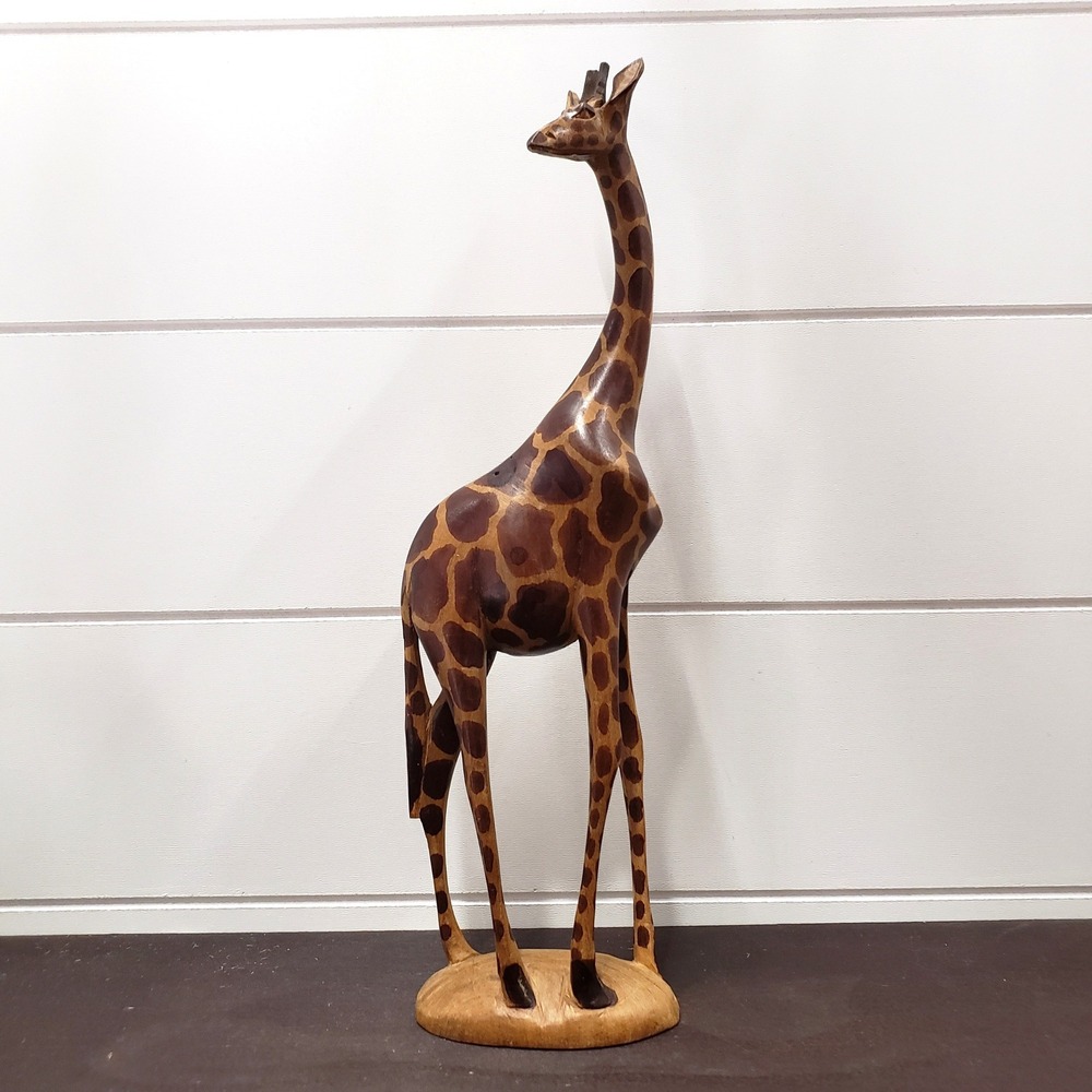 Hand Carved Wooden Giraffe Figurine Brown Safari Folk Art African Decor